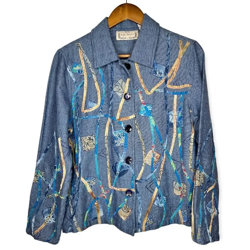 Vintage Life Style Abstract Embroidered‎ Embellished Denim Jacket Shacket Medium